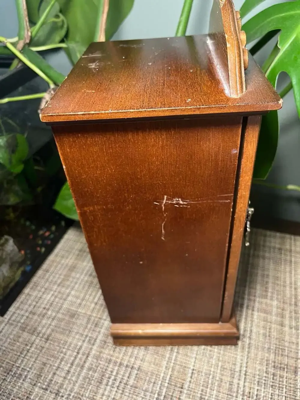 Vintage Wooden Jewelry Cabinet with Etched Glass Door
